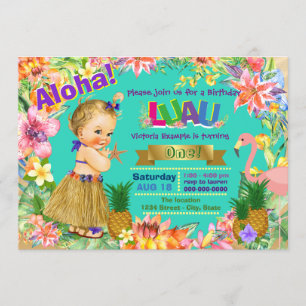 Convite Menina de Hula Flamingo Luau Havaiano Festa de Ani