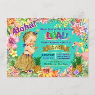 Convite Menina de Hula Flamingo Luau Havaiano Festa de Ani