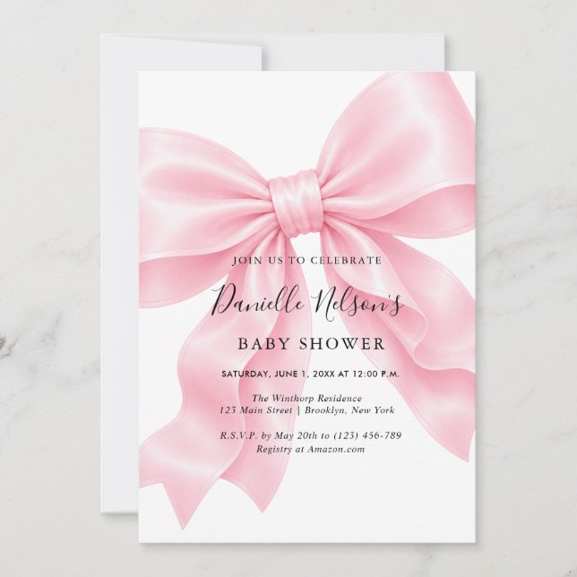 Convite Menina de Laço Rosa Chás de Bebê (Frente)