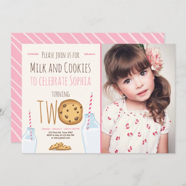 Convite Menina de Leite e Biscoitos Rosa Segundo Aniversár (Frente/Verso)