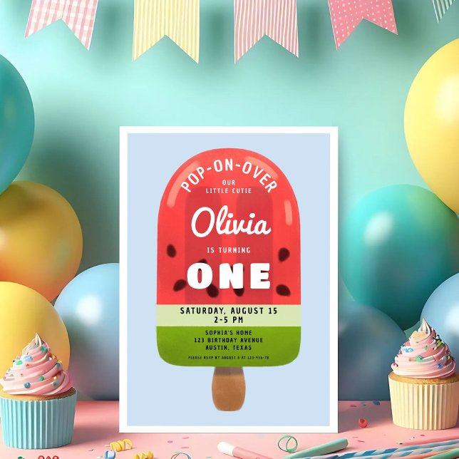 Convite Menina de Melancia Picolé Fofa Primeiro Aniversári (Cute Melon Popsicle Girl First Birthday Invitation)