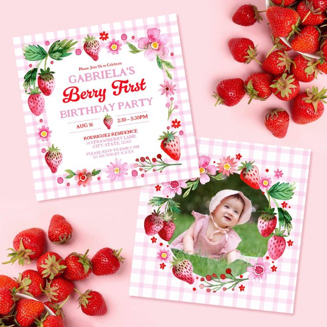 Convite Menina de Morangos em Aquarela Fotografia do 1º An (Watercolor Strawberries Girl 1st Birthday Photo Invitation)