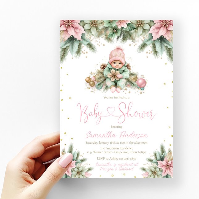 Convite Menina de Natal Poinsettia Rosa Salmão Verde Doura (Baby girl pink, green and gold glitter winter holiday Christmas flowers baby shower invitation.)