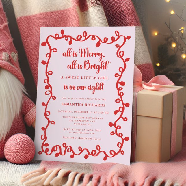 Convite Menina de Natal rosa vermelho luzes chá de bebê (Criador carregado)