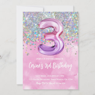 Convite Menina de Papel Alumínio Arco-Íris 3º Aniversário
