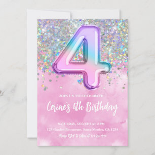 Convite Menina de Papel Alumínio Arco-Íris 4º Aniversário