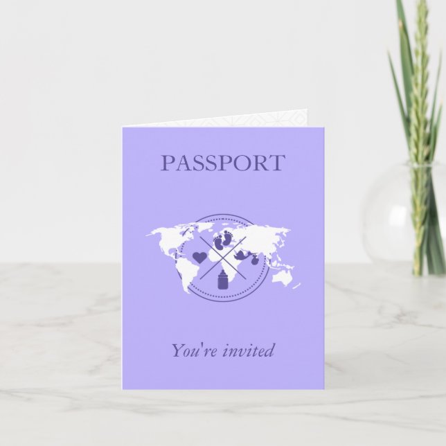 Convite Menina de Passaporte Roxo Viagem Baby Shower Mapa  (Frente)