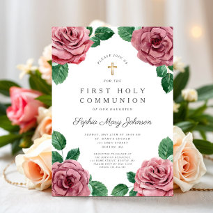 Convite Menina de Peônias Rosa Flora Comungão Religiosa Pr