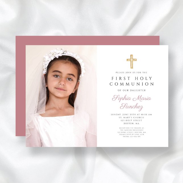 Convite Menina de Primeira Comunhão com Cruz Rosa Elegante (Elegant Pink Cross Girl First Communion Photo Invitation)