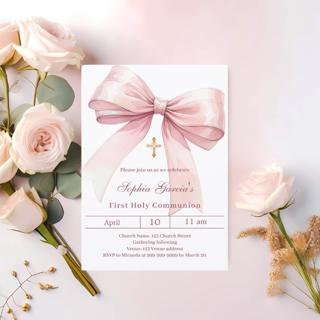 Convite Menina de primeira comunhão com laço rosa (Criador carregado)