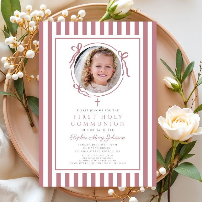 Convite Menina de Primeira Comunhão com Laço Rosa Elegante (Elegant Pink Bow Photo Girl First Communion Invitation)