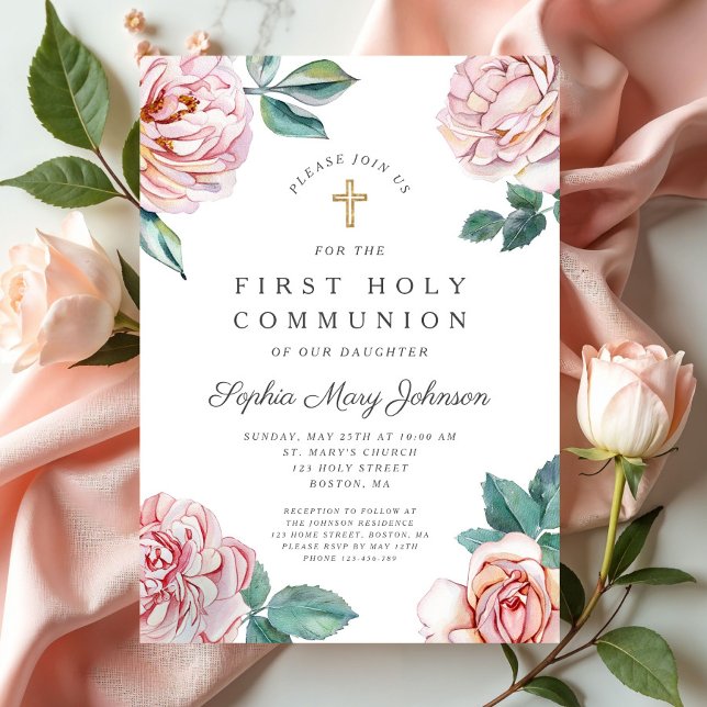 Convite Menina de Primeira Comunhão Religiosa com Peônias  (Floral Pink Peonies Girl Religious First Communion Invitation)