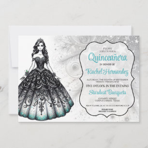 Convite Menina de Quince Anos Preta e Verde Turquesa