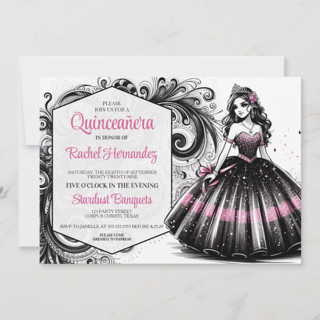 Convite Menina de Quinceañera Rosa e Preto (Frente)