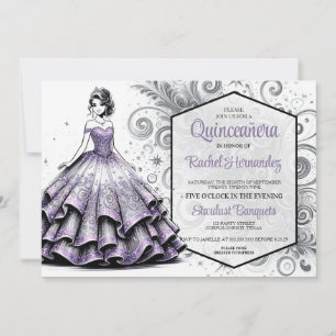 Convite Menina de Quinceañera Roxa e Prata
