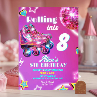 Convite Menina de Skate Disco Neon Rosa Roxo Aniversário