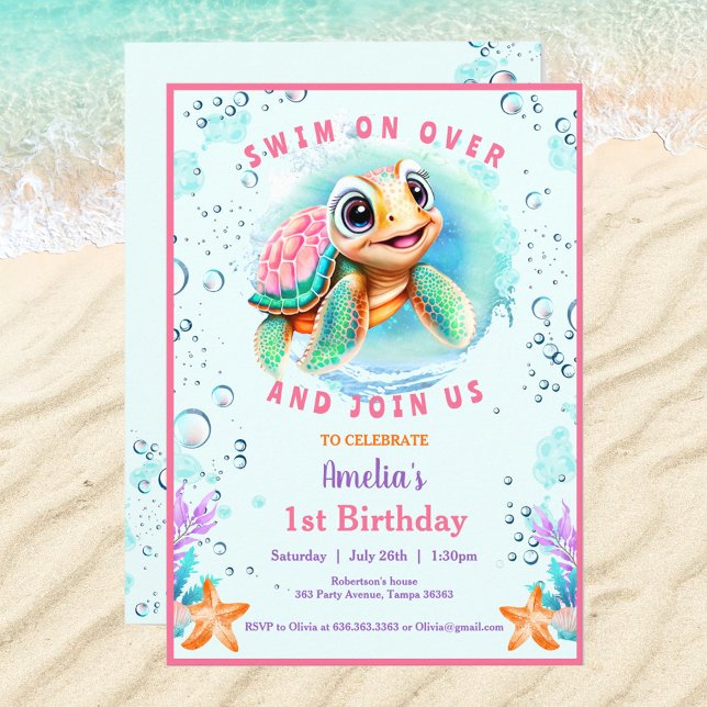 Convite Menina de Tartaruga do Mar de Bebê Era Personaliza (Cute Sea Turtle Invitation For a Girl. If you need for a Boy, just visit the store :) Kate Eden Art)
