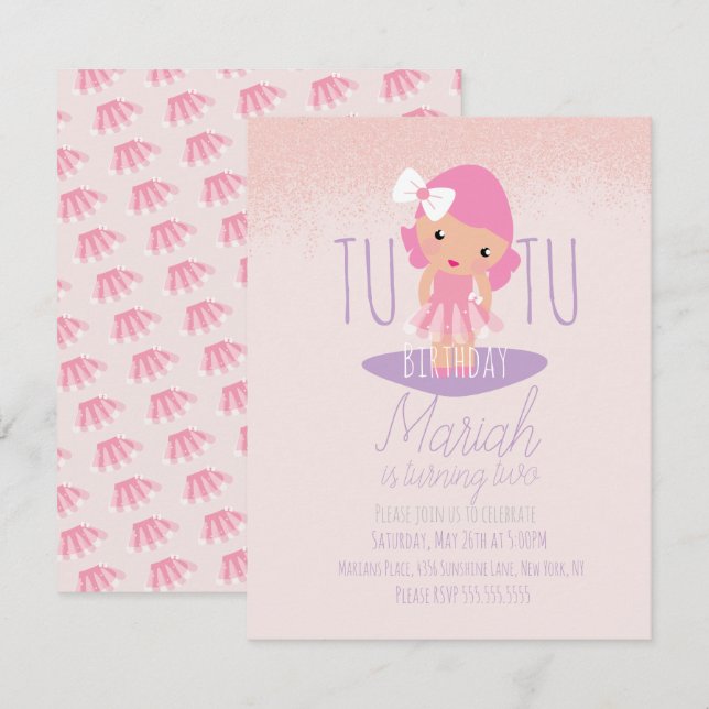 Convite Menina de Tutu Mínimo Aniversário Cartoon Rosa Bri (Frente/Verso)