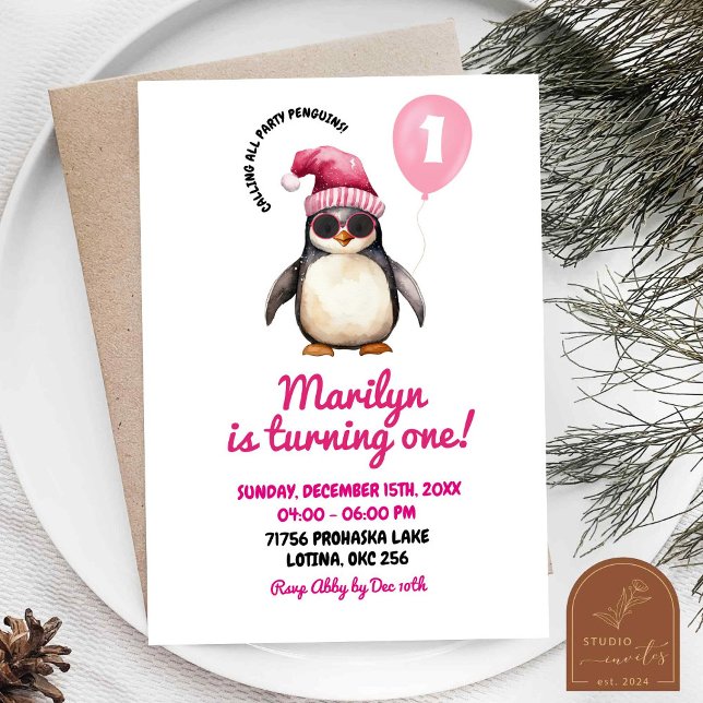 Convite Menina de um ano de idade, pinguim rosa de inverno (Criador carregado)