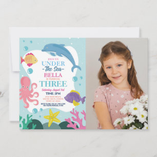 Convite Menina Debaixo do Mar TRÊS Oceano Golfinho Foto 3º