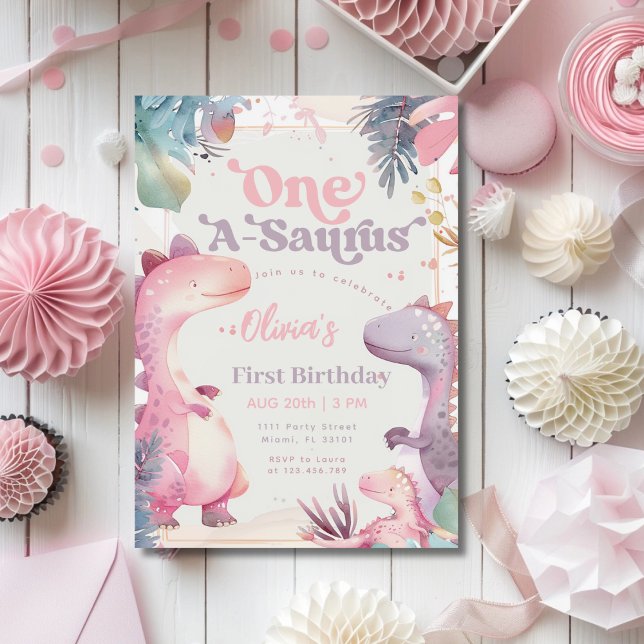 Convite Menina Dinossauro Rosa One-A-Saurus Primeiro Anive (Criador carregado)