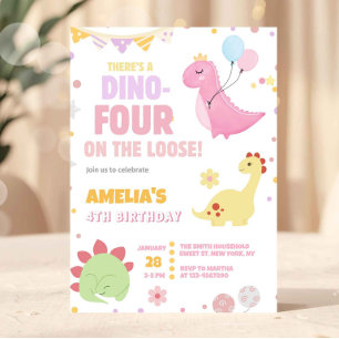 Convite Menina Dinossauro Rosa Pastel Aniversário de 4 Ano
