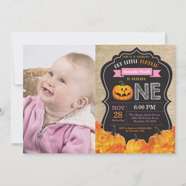 Convite Menina do Abóbora de Halloween 1º Aniversário Rosa (Frente)