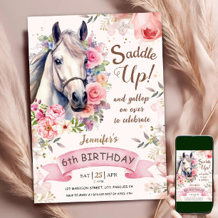 Convite Menina do Cavalo Aniversário de 6 anos Flores Rosa