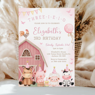 Convite Menina do Celeiro Rosa Fazenda Animal Três-I-E-I-Ó