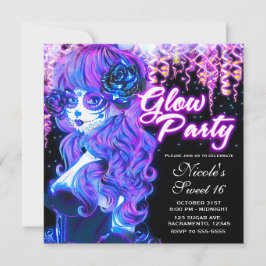 Convite Menina do Crânio de Açúcar do Dia dos Mortos Neon 