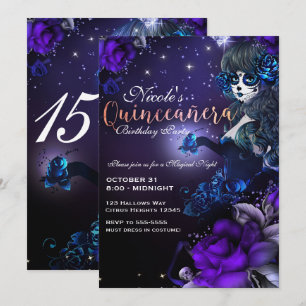 Convite Menina do Dia dos Mortos Festa de Quinze Anos Azul