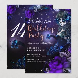 Convite Menina do Dia dos Mortos Roxo Azul Festa de Aniver