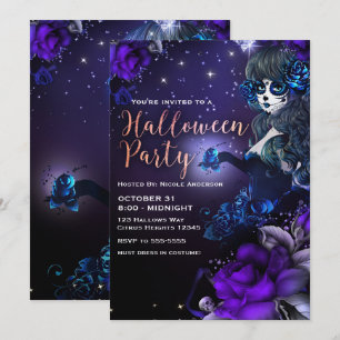 Convite Menina do Dia dos Mortos Roxo Azul Festa de Hallow