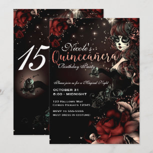 Convite Menina do Dia dos Mortos Vermelha Preta Festa de Q