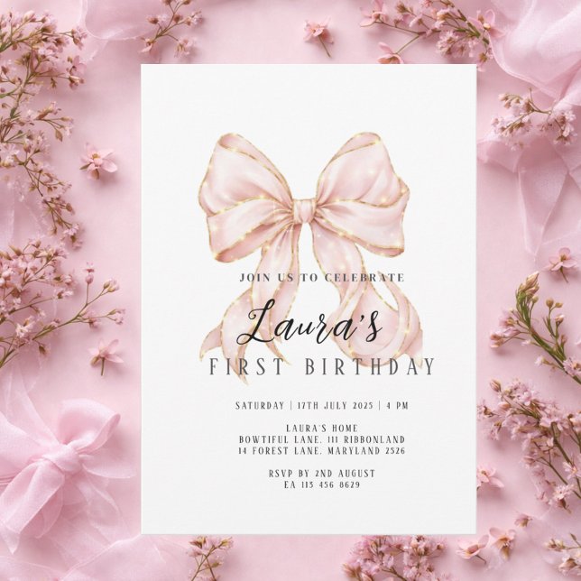 Convite Menina do Laço Rosa Primeiro Aniversário (Criador carregado)