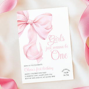 Convite Menina do Laço Rosa Primeiro Aniversário
