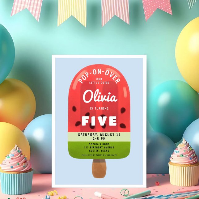 Convite Menina do Picolé de Melão Fofo de 5 Anos de Idade (Cute Melon Popsicle Girl 5th Birthday Invitation)