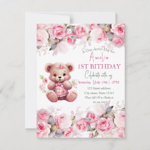 Convite Menina do Urso Teddy Boho Urso Rosa Floral Anivers
