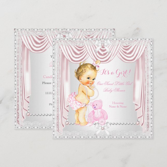 Convite Menina Doce Chuveiro de Bebê Rosa Cetim Louro Bebê (Frente/Verso)
