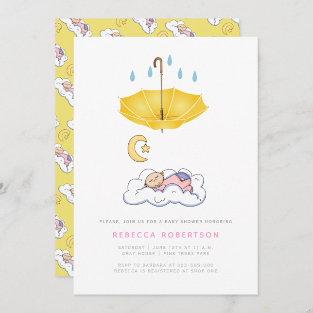 Convite Menina dormindo chá guarda-chuva amarelo (Frente/Verso)