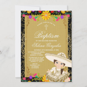 Convite Menina Dourada Batismo Mexicano Festa Floral Color