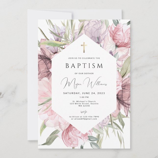 Convite Menina Dourada Elegante Baptism Invitati (Frente)