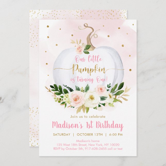 Convite Menina Dourada rosa rosa-abóbora Primeiro Aniversá (Frente/Verso)