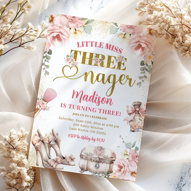 Convite Menina Dourada rosa Threenager Terceiro Aniversári (Criador carregado)