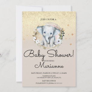 Convite Menina Elefante Menino Bebê Chuveiro Faux Dourado 