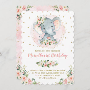 Convite Menina Elefante Pêssego Blush primeiro aniversario