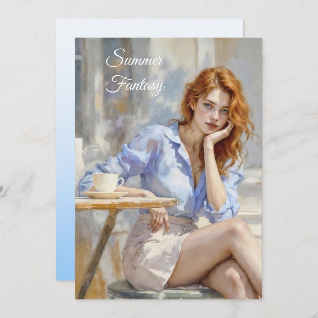 Convite Menina elegante em azul e branco em um café (Frente/Verso)