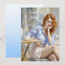 Menina elegante em azul e branco em um café