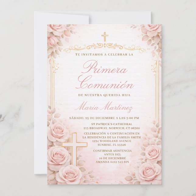 Convite Menina Espanhola Flor de Pêssego Primera Comunhão  (Frente)