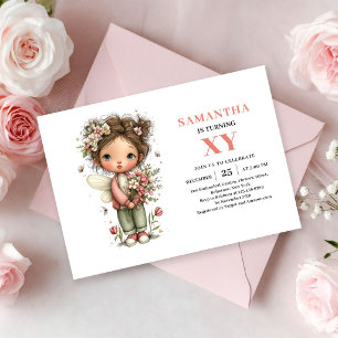 Convite Menina Fada 7º Aniversário Rosa Floral Caprichoso